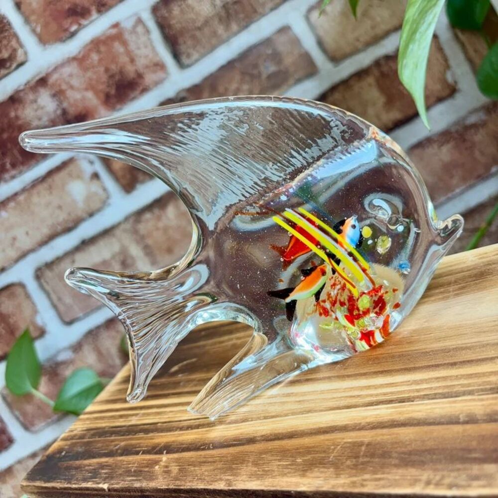 (Chipped) VTG Art Glass Angel Fish Figurine Red Yellow Blue Hand Blown Paperweig